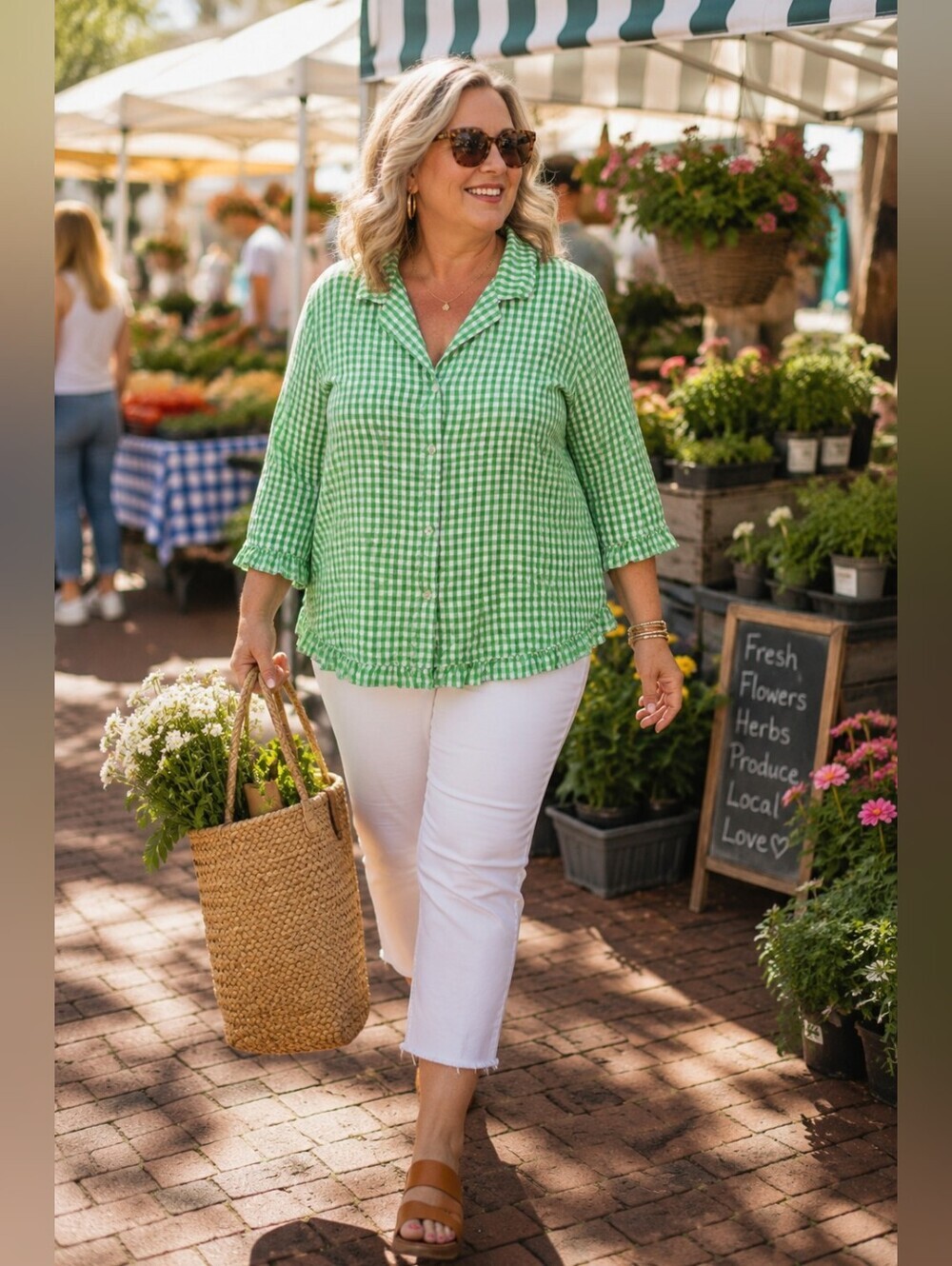 d&co. Denim + Company Green Gingham Seersucker Button Front Blouse 3X